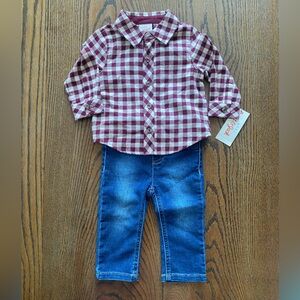 Cat & Jack Burgundy and White Checkered Shirt/Jeans Set